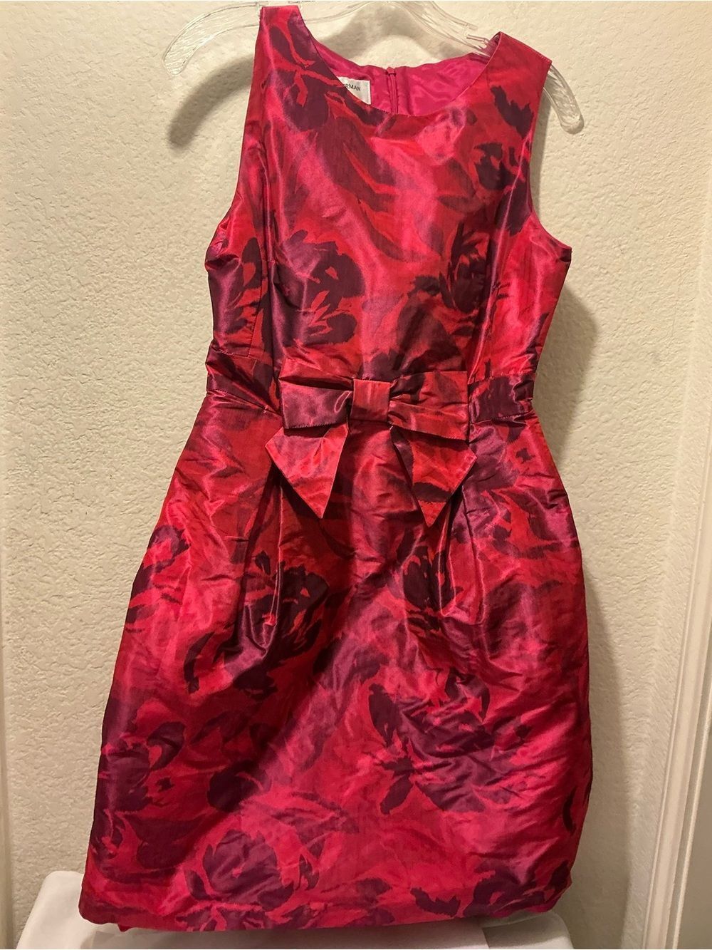 Helene Berman Red and Burgundy Floral Satin Dress with Waist Bow